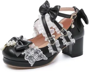 Agodor Women's Cute Bow High Heels Shoes Chunky Platform Mary Jane Cosplay Strappy Pumps Shoes