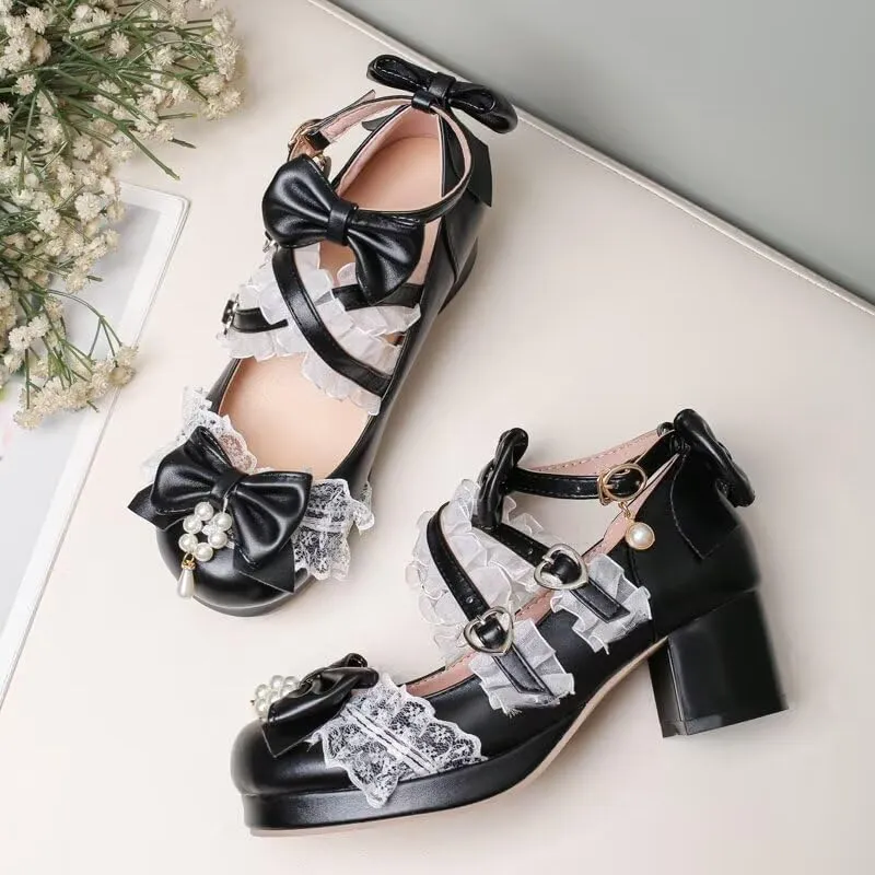 Agodor Women's Cute Bow High Heels Shoes Chunky Platform Mary Jane Cosplay Strappy Pumps Shoes