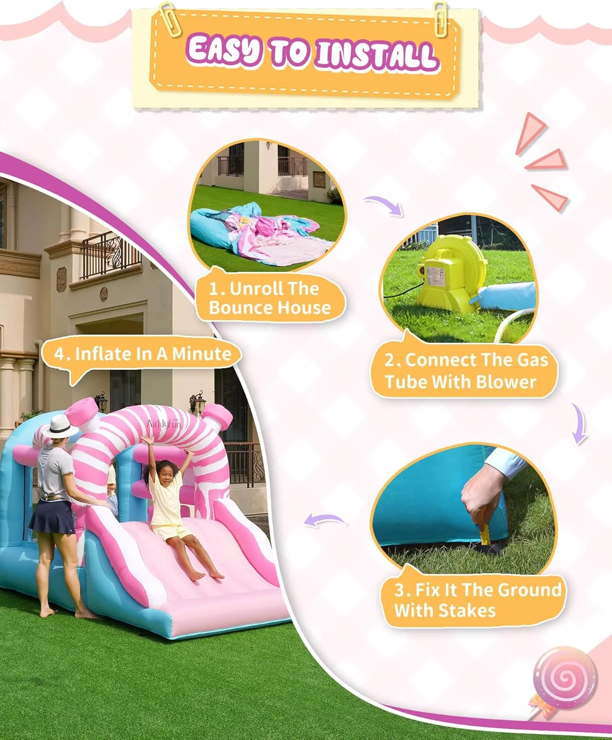 AirMyFun Pink Inflatbale Bounce House with Blower, Princess Bouncy Castle Inflatable Bouncer for Kids with Ball Pit and Wide Slide Indoor & Outdoor