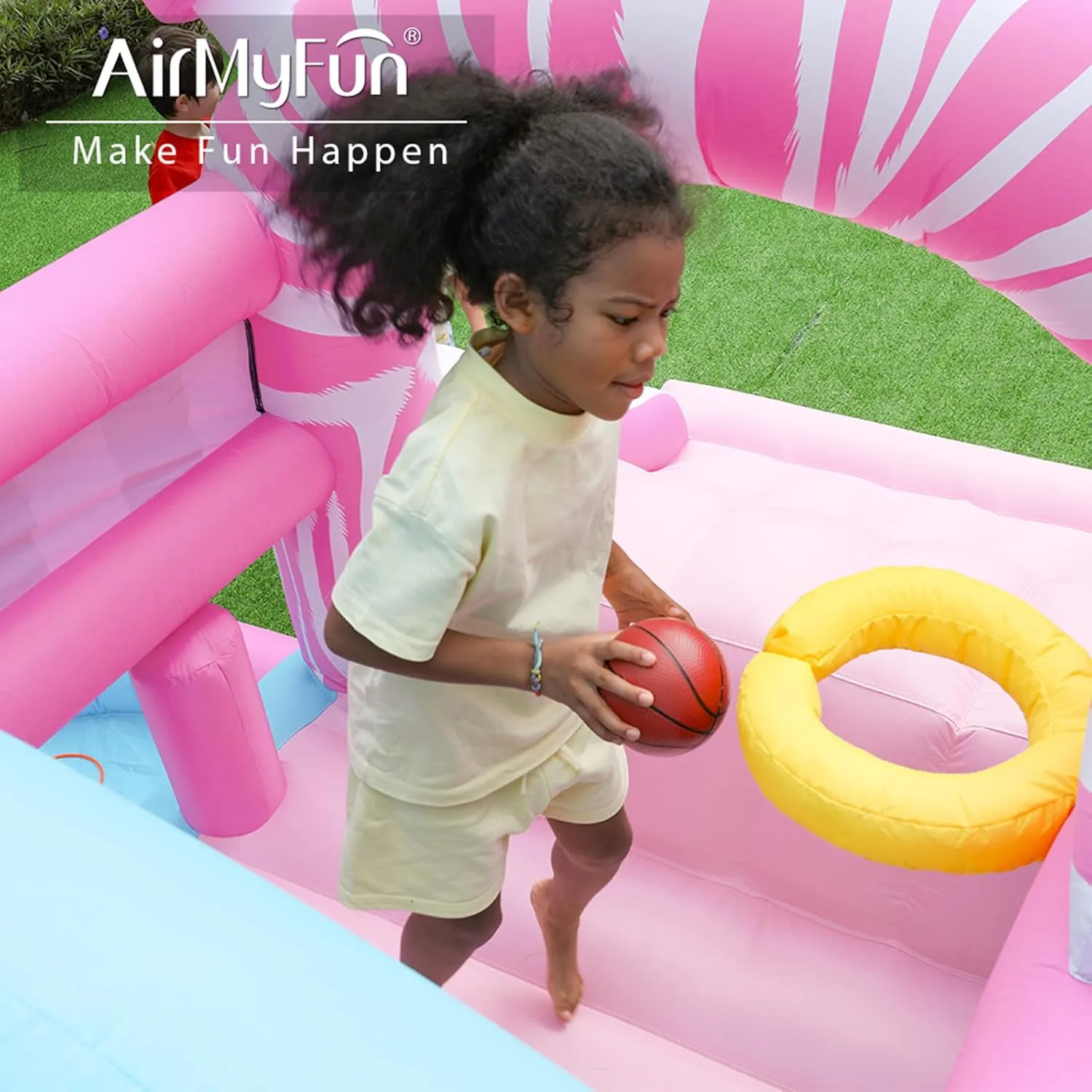AirMyFun Pink Inflatbale Bounce House with Blower, Princess Bouncy Castle Inflatable Bouncer for Kids with Ball Pit and Wide Slide Indoor & Outdoor