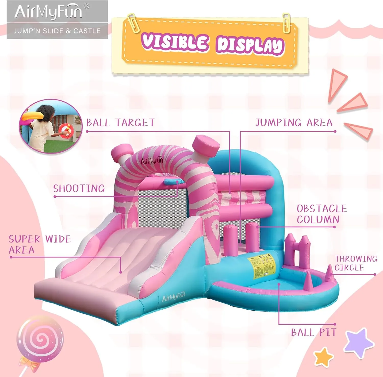 AirMyFun Pink Inflatbale Bounce House with Blower, Princess Bouncy Castle Inflatable Bouncer for Kids with Ball Pit and Wide Slide Indoor & Outdoor