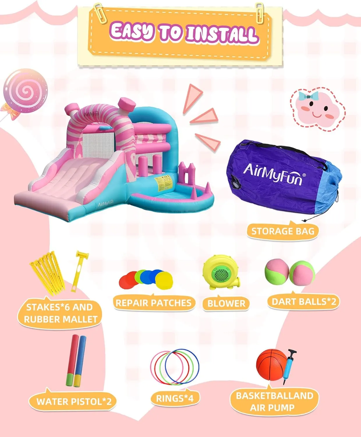 AirMyFun Pink Inflatbale Bounce House with Blower, Princess Bouncy Castle Inflatable Bouncer for Kids with Ball Pit and Wide Slide Indoor & Outdoor