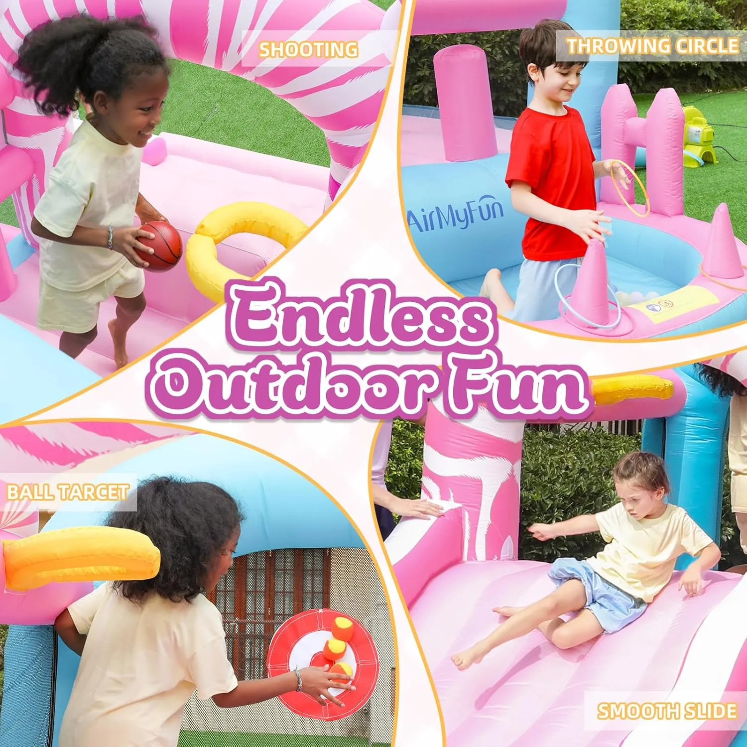 AirMyFun Pink Inflatbale Bounce House with Blower, Princess Bouncy Castle Inflatable Bouncer for Kids with Ball Pit and Wide Slide Indoor & Outdoor
