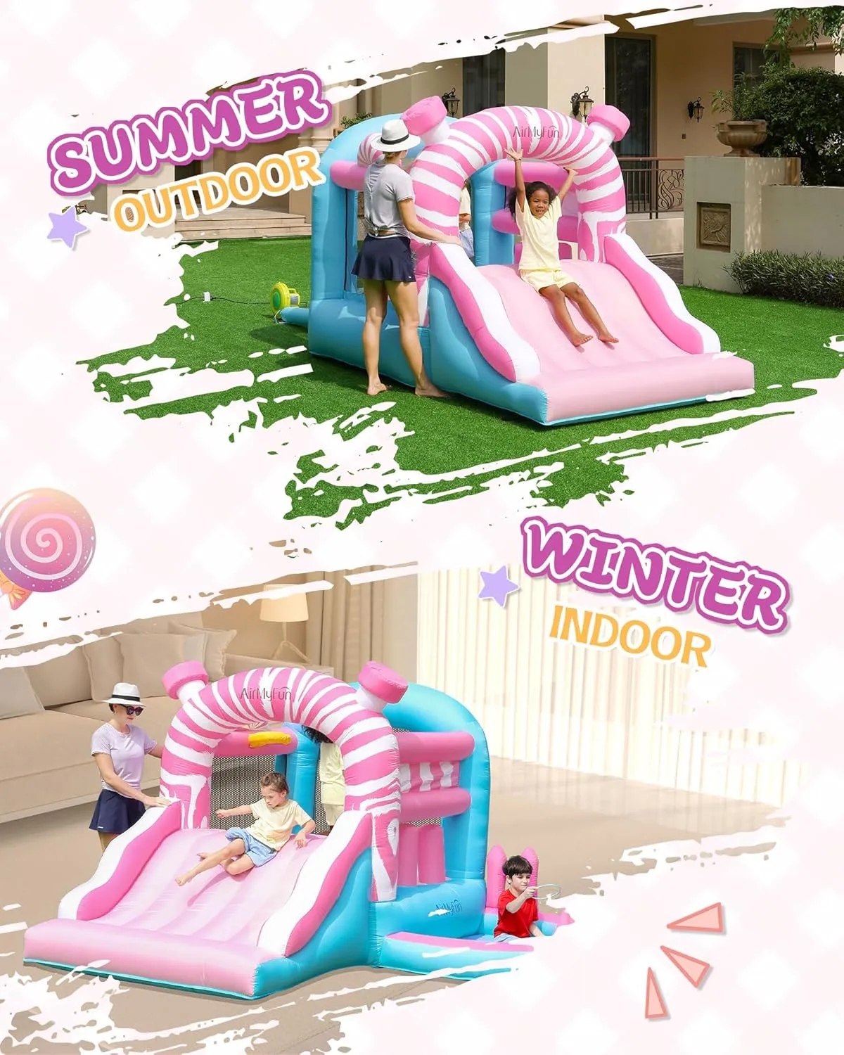 AirMyFun Pink Inflatbale Bounce House with Blower, Princess Bouncy Castle Inflatable Bouncer for Kids with Ball Pit and Wide Slide Indoor & Outdoor