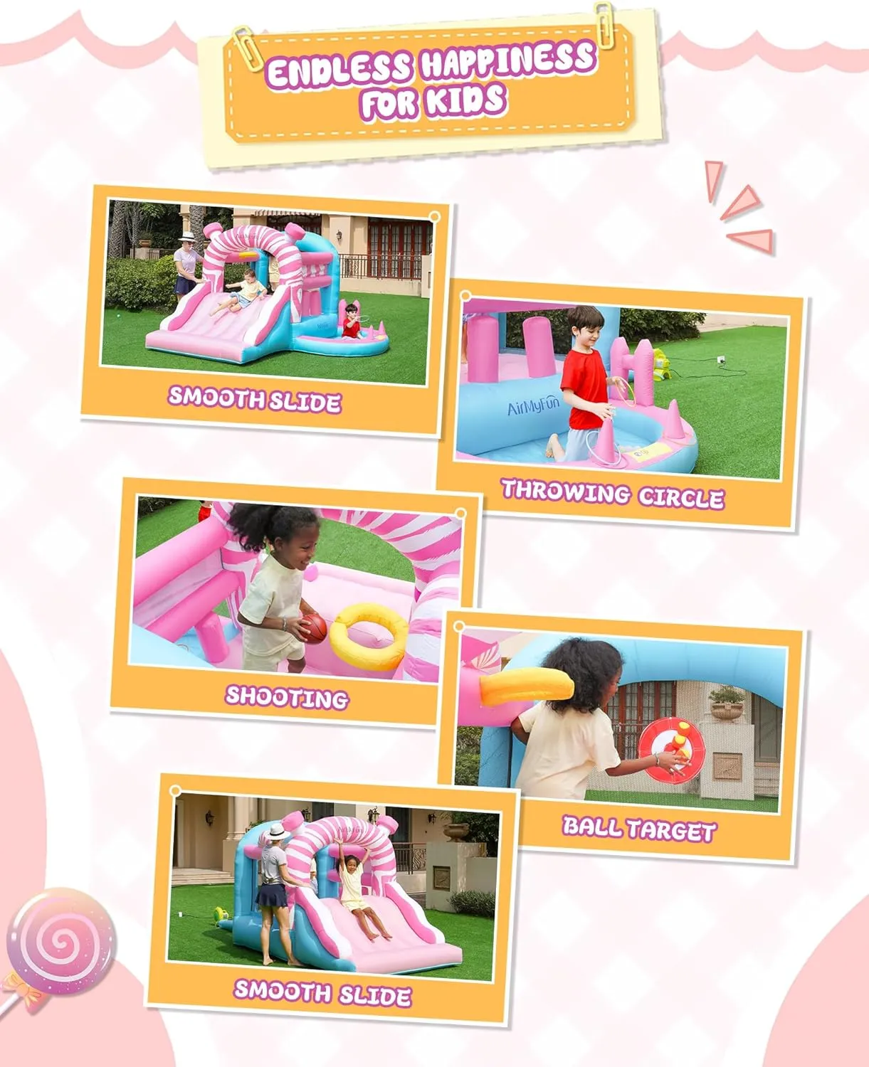 AirMyFun Pink Inflatbale Bounce House with Blower, Princess Bouncy Castle Inflatable Bouncer for Kids with Ball Pit and Wide Slide Indoor & Outdoor