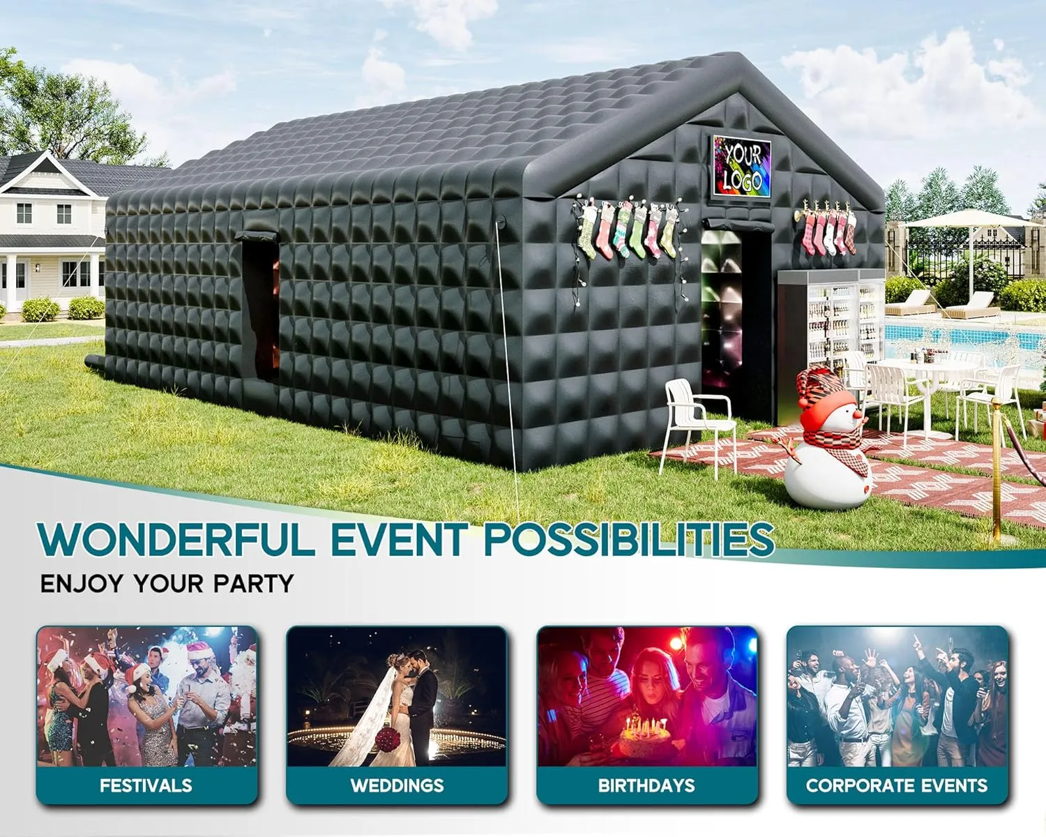 Albott 30x20x14 FT Large Inflatable Nightclub Tent for Adults, Black Portable Inflatable Night Club Gazebo with Dual Side Doors & Logo Area for Wedding, Birthday, Backyard Events