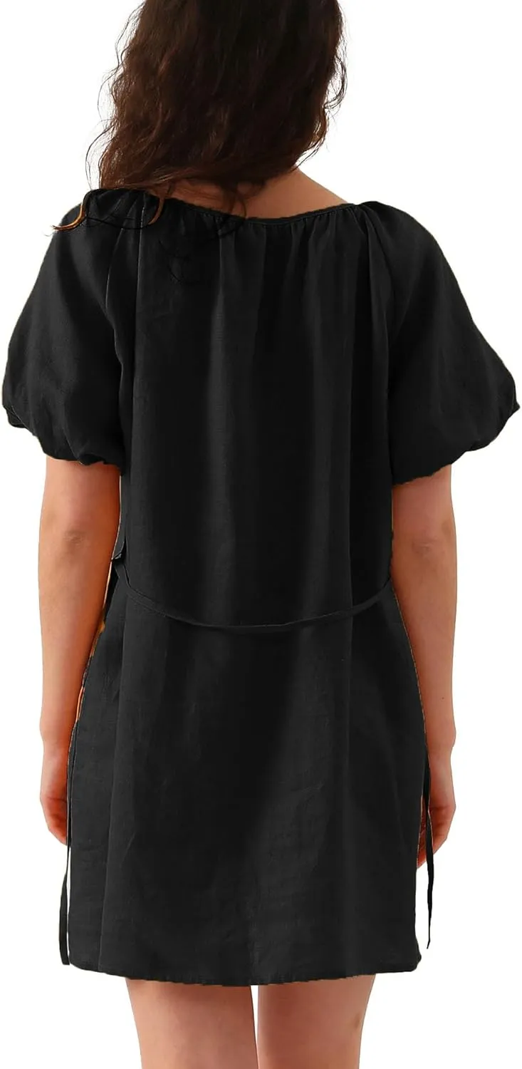 Amazhiyu Women’s Pure Linen Summer Puff Sleeve V Neck Mini Dress with Belt