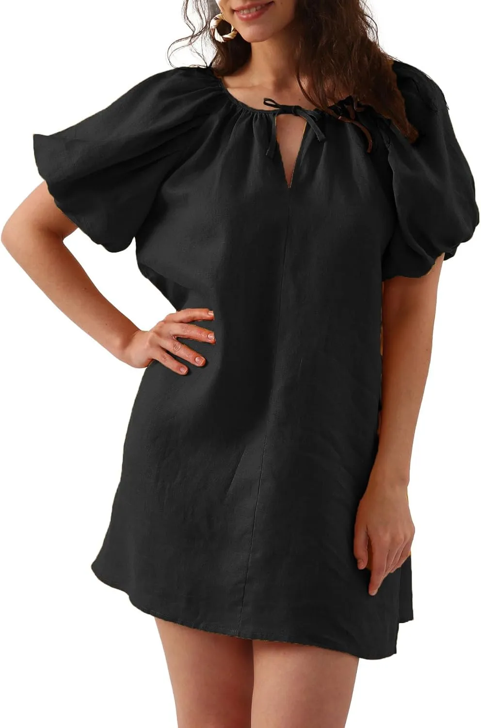Amazhiyu Women’s Pure Linen Summer Puff Sleeve V Neck Mini Dress with Belt