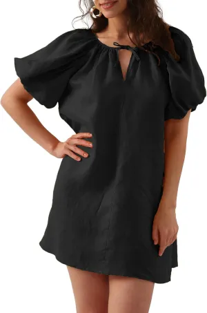 Amazhiyu Women’s Pure Linen Summer Puff Sleeve V Neck Mini Dress with Belt