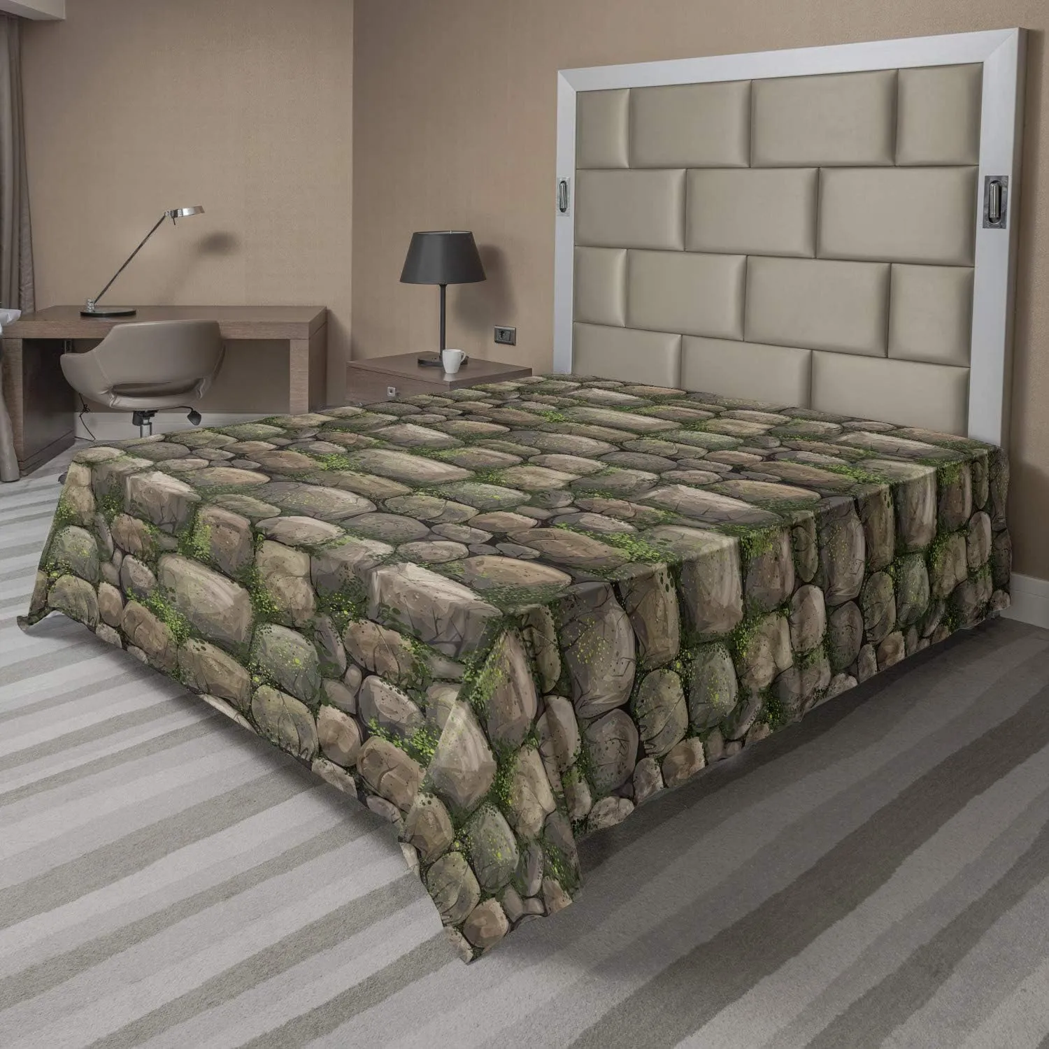 Ambesonne Nature Flat Sheet, Stones Covered with Moss Rock Formation Forest Peaceful Meditation Theme, Soft Comfortable Top Sheet Decorative Bedding 1 Piece, King Size, Dark Taupe Fern Green
