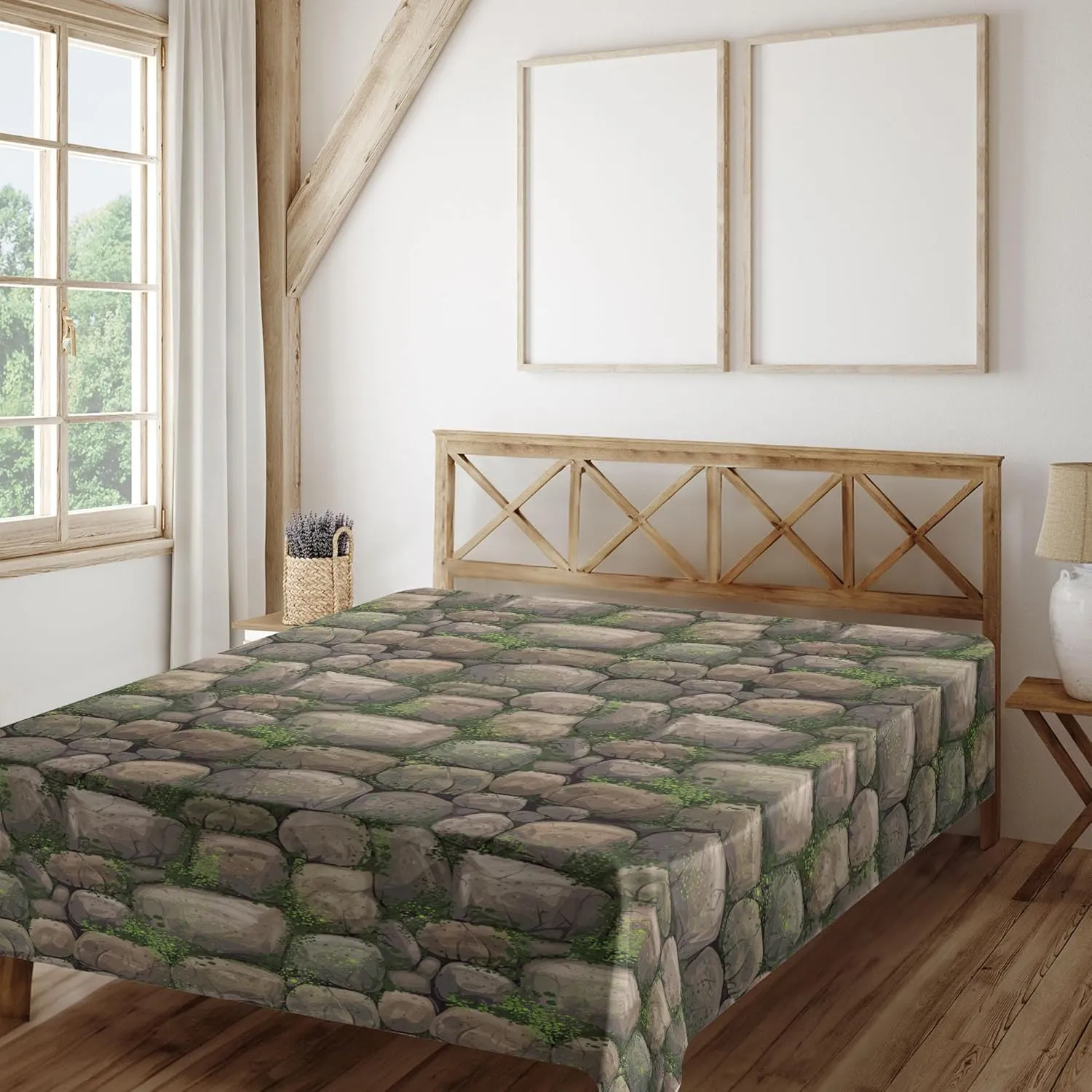Ambesonne Nature Flat Sheet, Stones Covered with Moss Rock Formation Forest Peaceful Meditation Theme, Soft Comfortable Top Sheet Decorative Bedding 1 Piece, King Size, Dark Taupe Fern Green