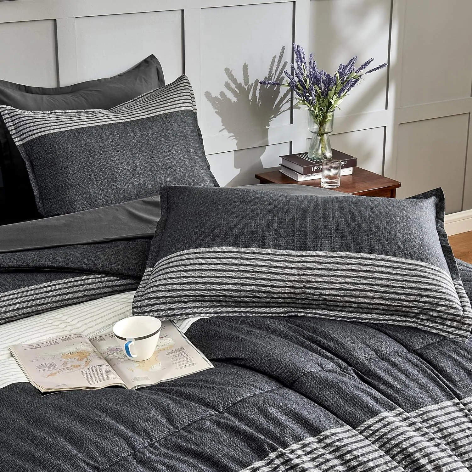 Andency Full Bed in a Bag 7 Pieces Comforter Set - Black White Grey Striped Lightweight Fully Microfiber Breathable All Season Bedding Set with Comforter, Fitted & Flat Sheet, Pillowcases & Shams