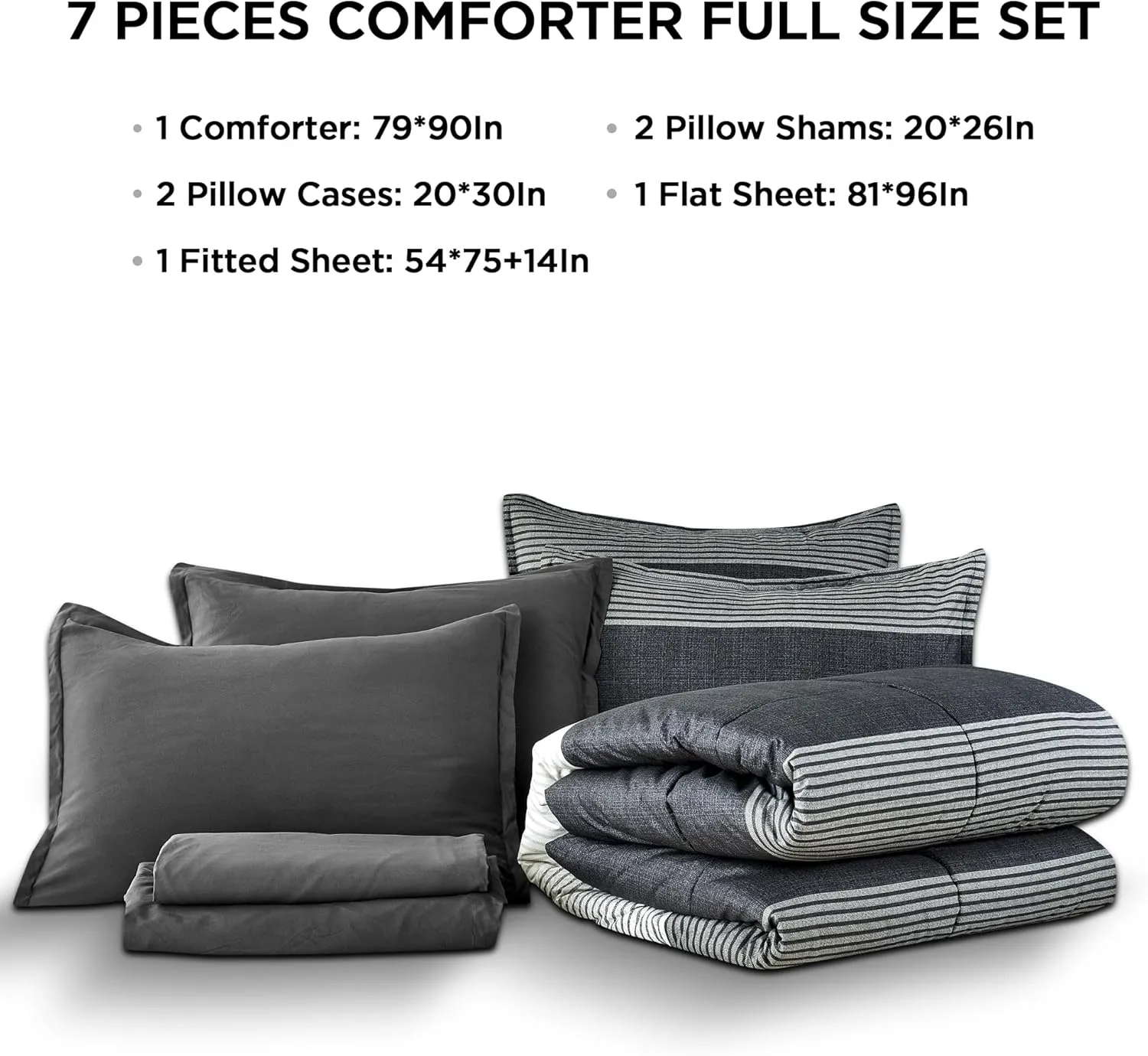 Andency Full Bed in a Bag 7 Pieces Comforter Set - Black White Grey Striped Lightweight Fully Microfiber Breathable All Season Bedding Set with Comforter, Fitted & Flat Sheet, Pillowcases & Shams