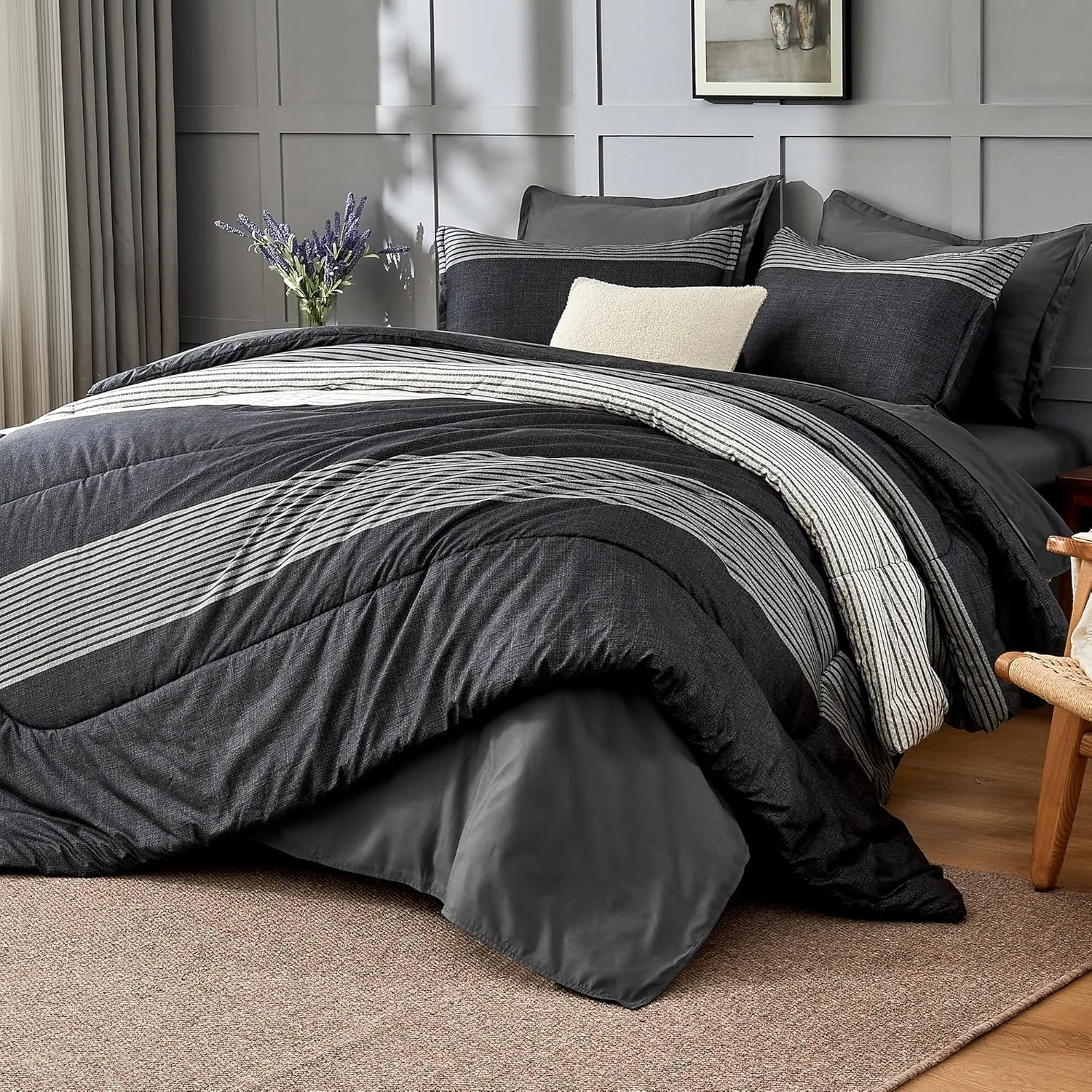 Andency Full Bed in a Bag 7 Pieces Comforter Set - Black White Grey Striped Lightweight Fully Microfiber Breathable All Season Bedding Set with Comforter, Fitted & Flat Sheet, Pillowcases & Shams