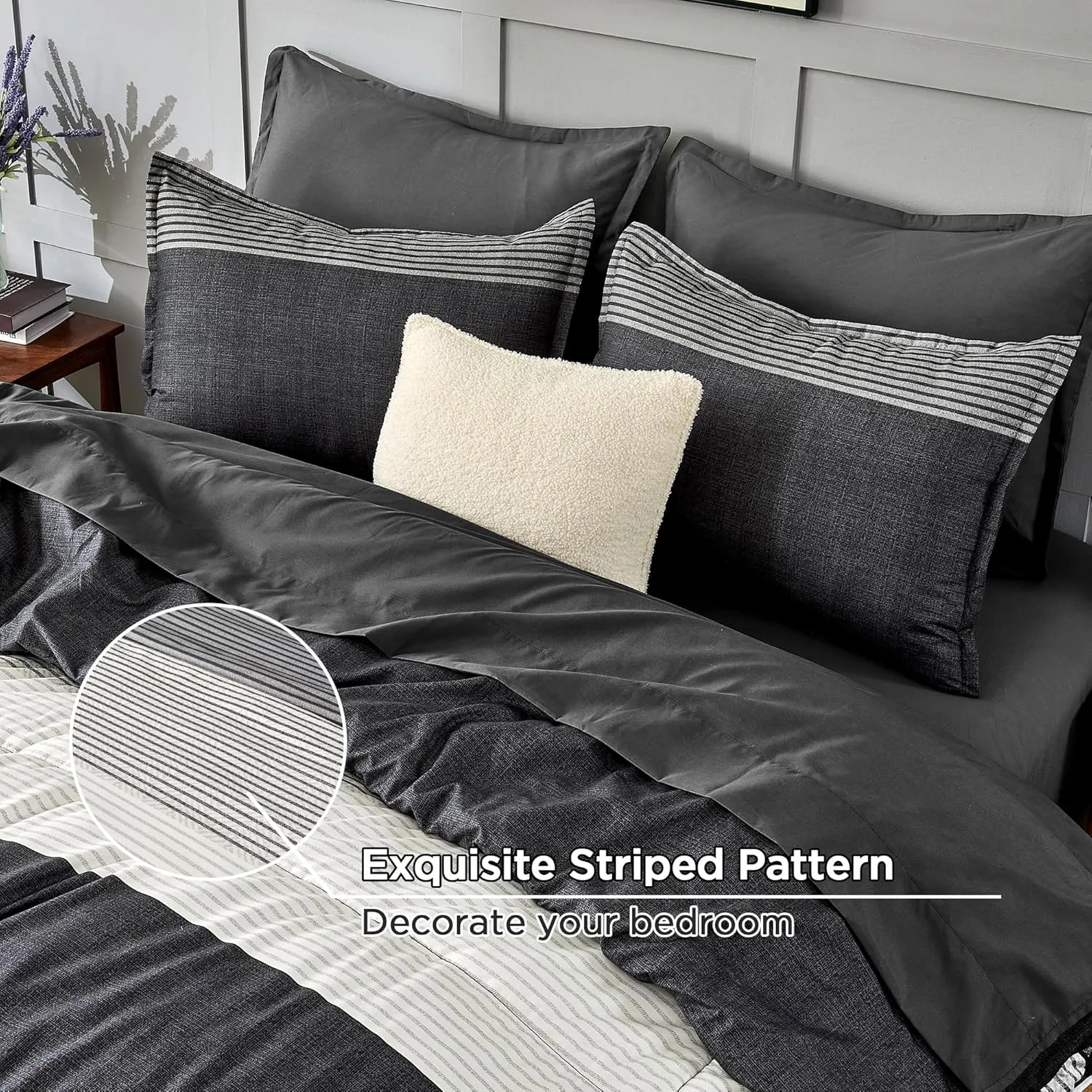 Andency Full Bed in a Bag 7 Pieces Comforter Set - Black White Grey Striped Lightweight Fully Microfiber Breathable All Season Bedding Set with Comforter, Fitted & Flat Sheet, Pillowcases & Shams