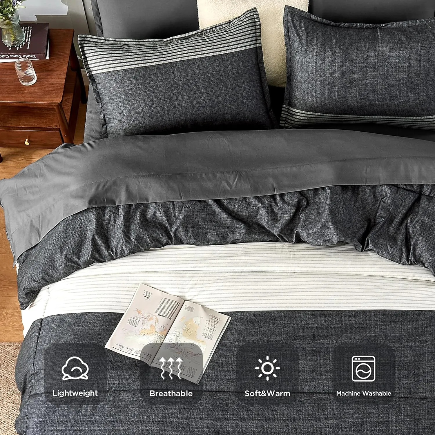 Andency Full Bed in a Bag 7 Pieces Comforter Set - Black White Grey Striped Lightweight Fully Microfiber Breathable All Season Bedding Set with Comforter, Fitted & Flat Sheet, Pillowcases & Shams