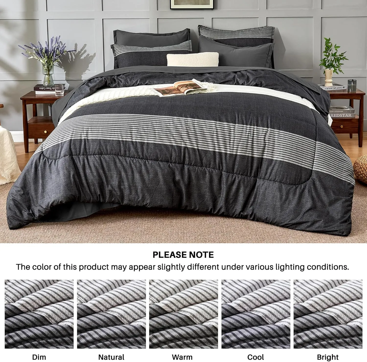 Andency Full Bed in a Bag 7 Pieces Comforter Set - Black White Grey Striped Lightweight Fully Microfiber Breathable All Season Bedding Set with Comforter, Fitted & Flat Sheet, Pillowcases & Shams