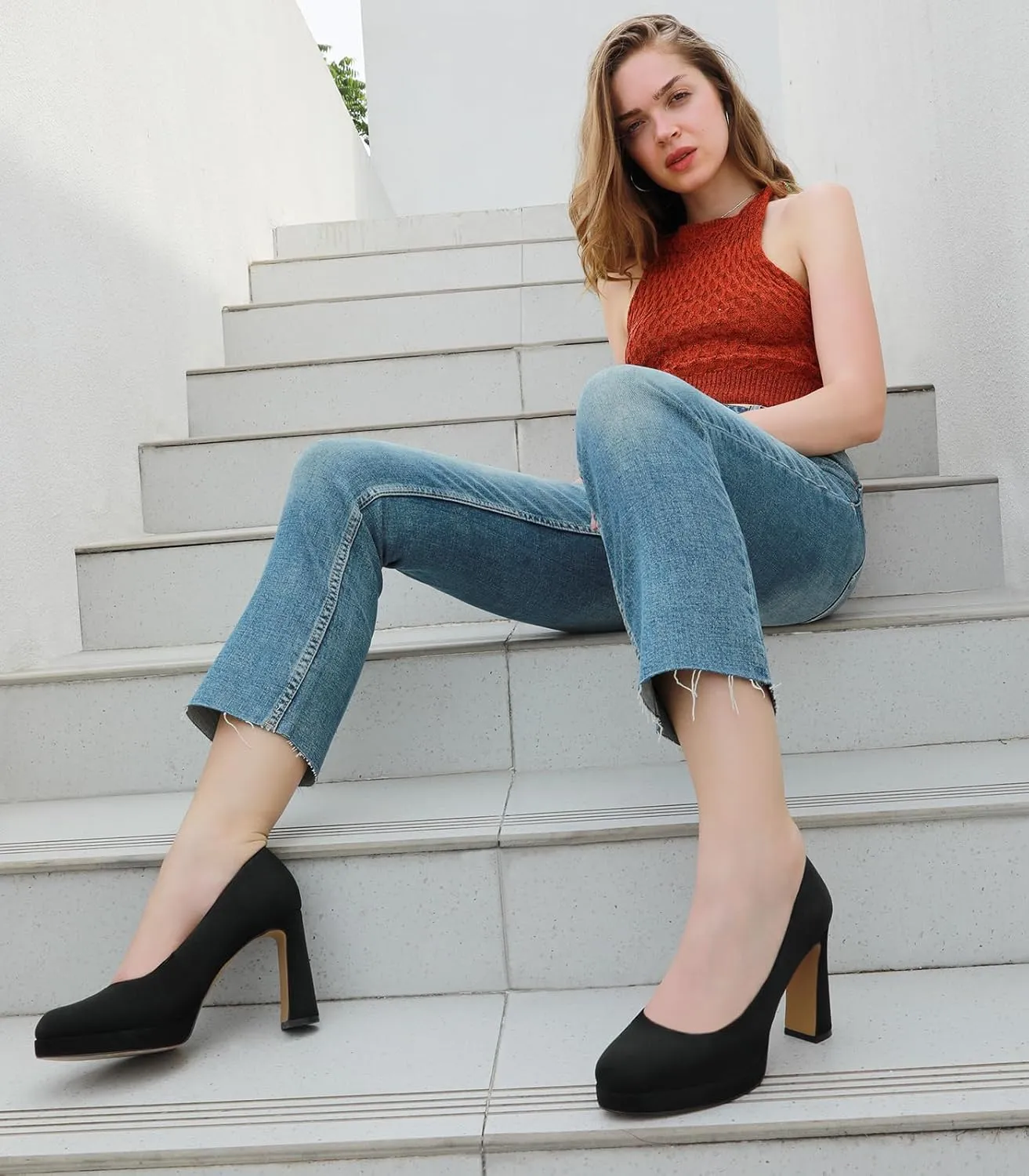Ankis Platform Heels Women’s Pumps Black White Nude Closed Toe Chunky Heel Shoes