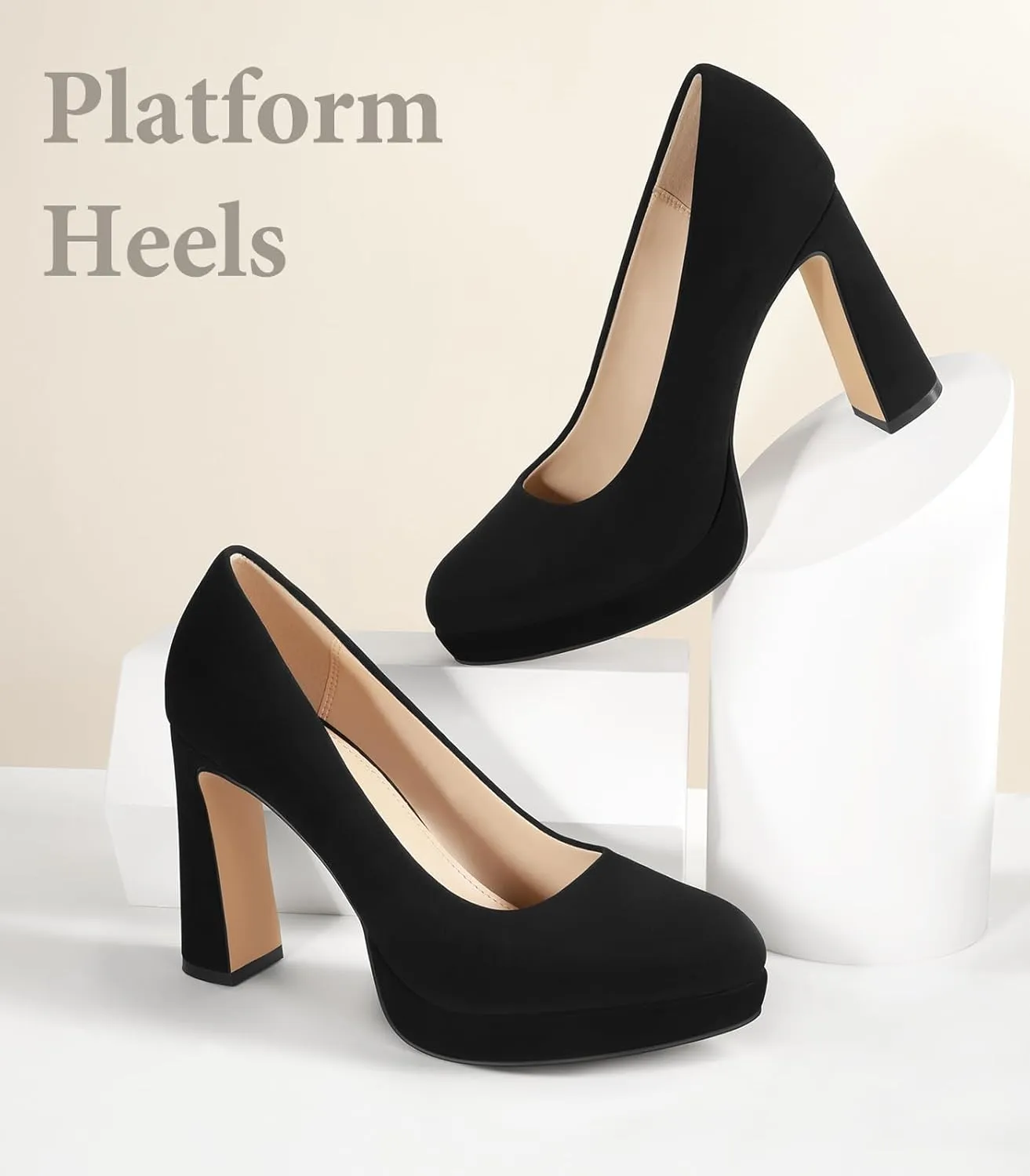 Ankis Platform Heels Women’s Pumps Black White Nude Closed Toe Chunky Heel Shoes