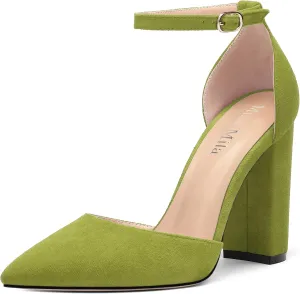 Ankle Strap Heels for Women,Chunky Block Closed Pointed Toe Pumps,Dress Wedding Party Shoes 3 Inch
