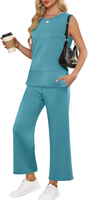 ANRABESS Women's 2 Piece Sets Summer Travel Airplane Outfits Sleeveless Wide Leg Casual Lounge Matching Sweat Set Sweatsuits