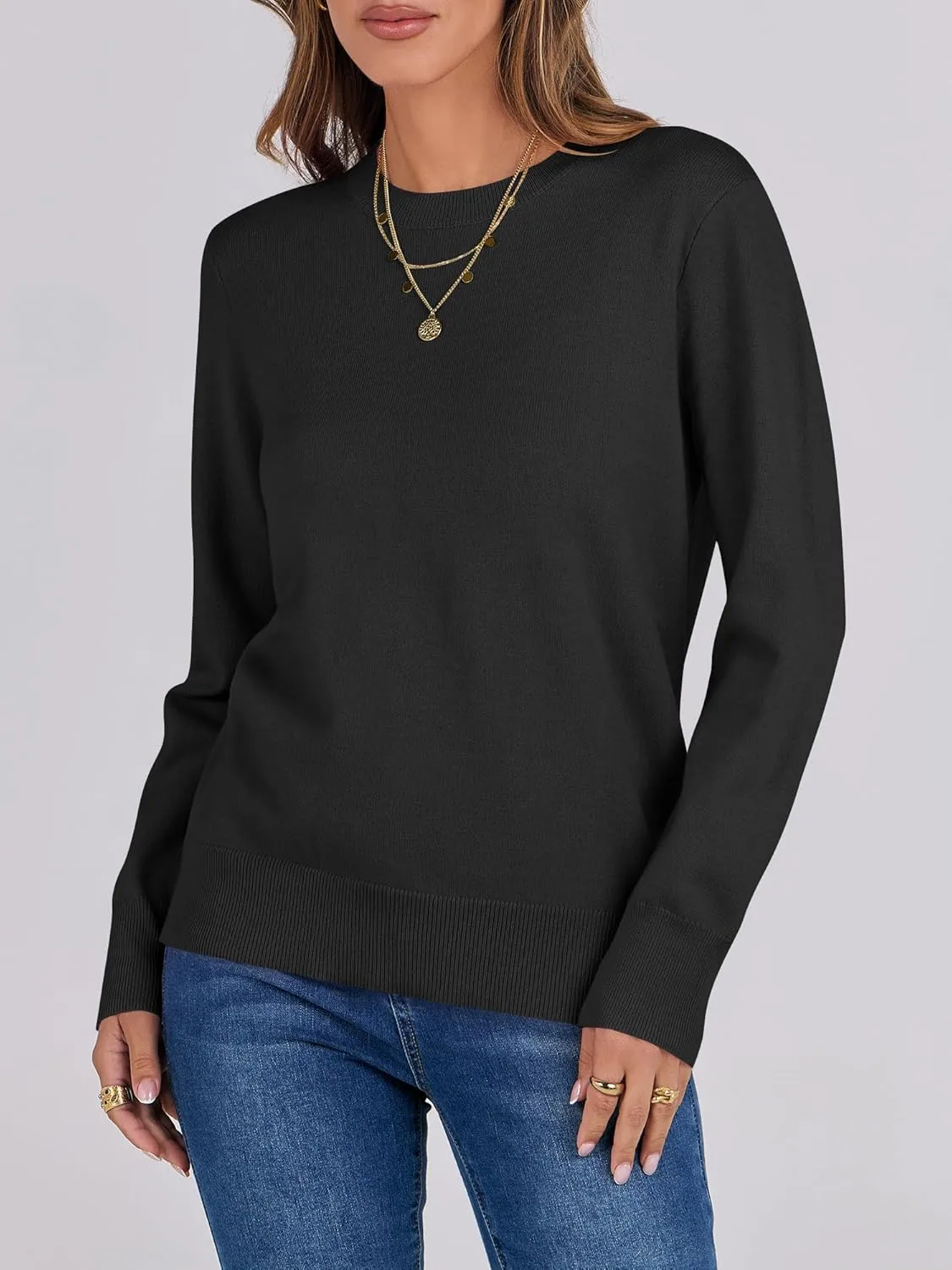 ANRABESS Women's Long Sleeve Crewneck Classic 2025 Fall Soft Loose Fit Basic Pullover Sweaters Top