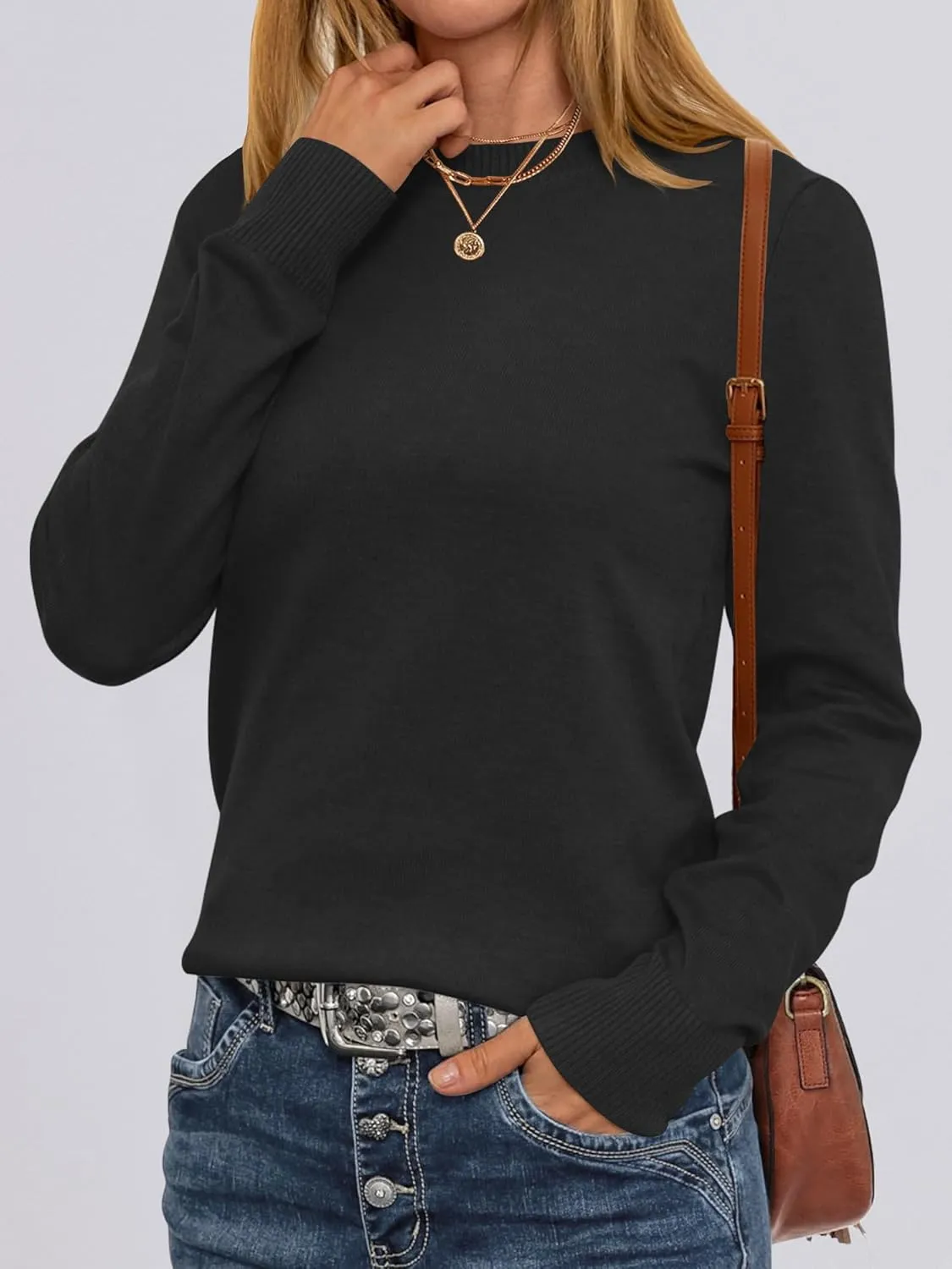 ANRABESS Women's Long Sleeve Crewneck Classic 2025 Fall Soft Loose Fit Basic Pullover Sweaters Top