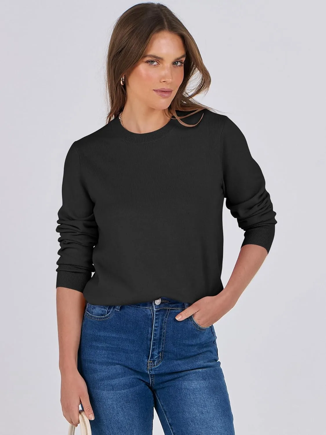 ANRABESS Women's Long Sleeve Crewneck Classic 2025 Fall Soft Loose Fit Basic Pullover Sweaters Top