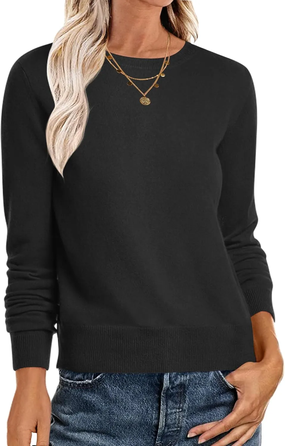 ANRABESS Women's Long Sleeve Crewneck Classic 2025 Fall Soft Loose Fit Basic Pullover Sweaters Top
