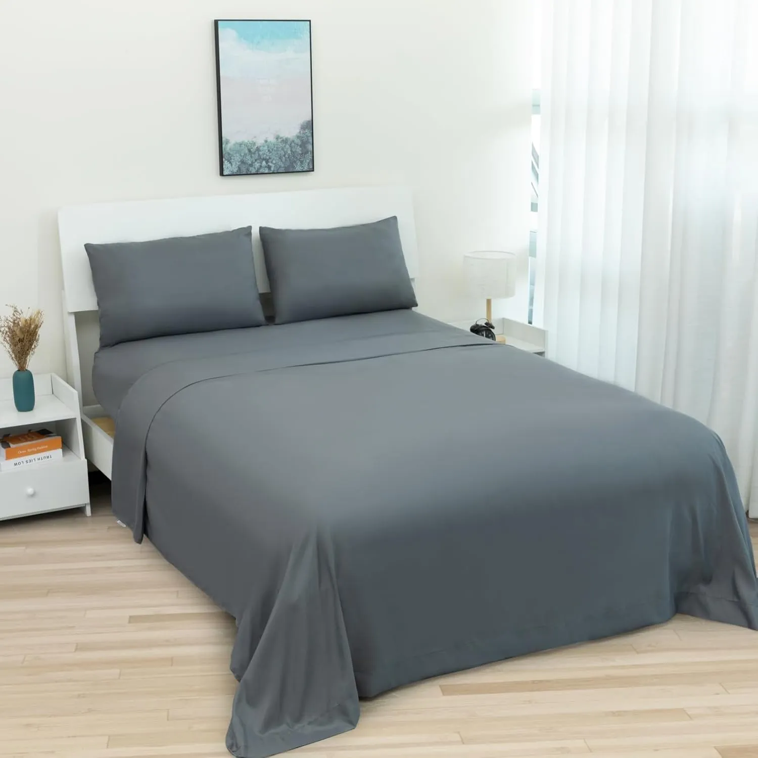 ARTALL Twin Comforter Set, 5pcs Bed in a Bag Comforter Twin Size, Botanical Floral Print Soft All Season Bedding Set Twin with Comforter, Sheet Set, Fitted Set, Pillowcases & Shams, Grey and Teal