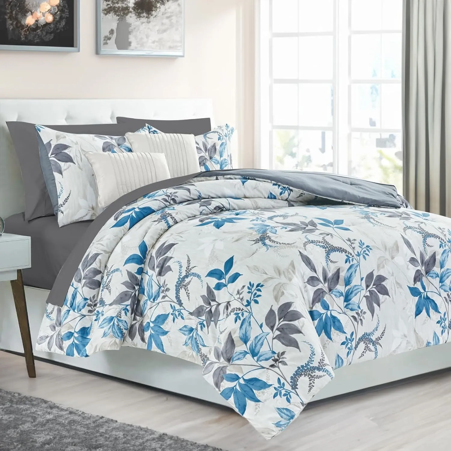 ARTALL Twin Comforter Set, 5pcs Bed in a Bag Comforter Twin Size, Botanical Floral Print Soft All Season Bedding Set Twin with Comforter, Sheet Set, Fitted Set, Pillowcases & Shams, Grey and Teal