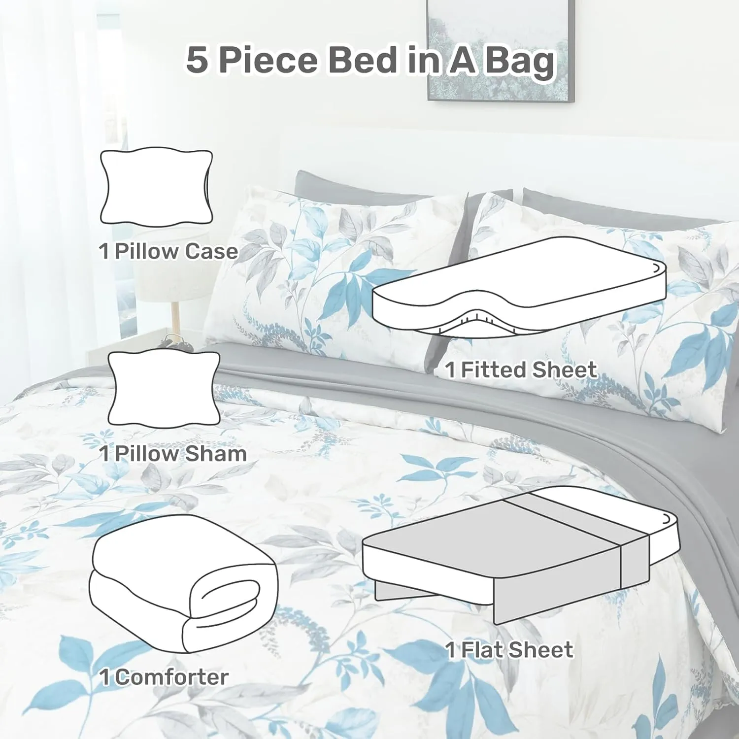 ARTALL Twin Comforter Set, 5pcs Bed in a Bag Comforter Twin Size, Botanical Floral Print Soft All Season Bedding Set Twin with Comforter, Sheet Set, Fitted Set, Pillowcases & Shams, Grey and Teal