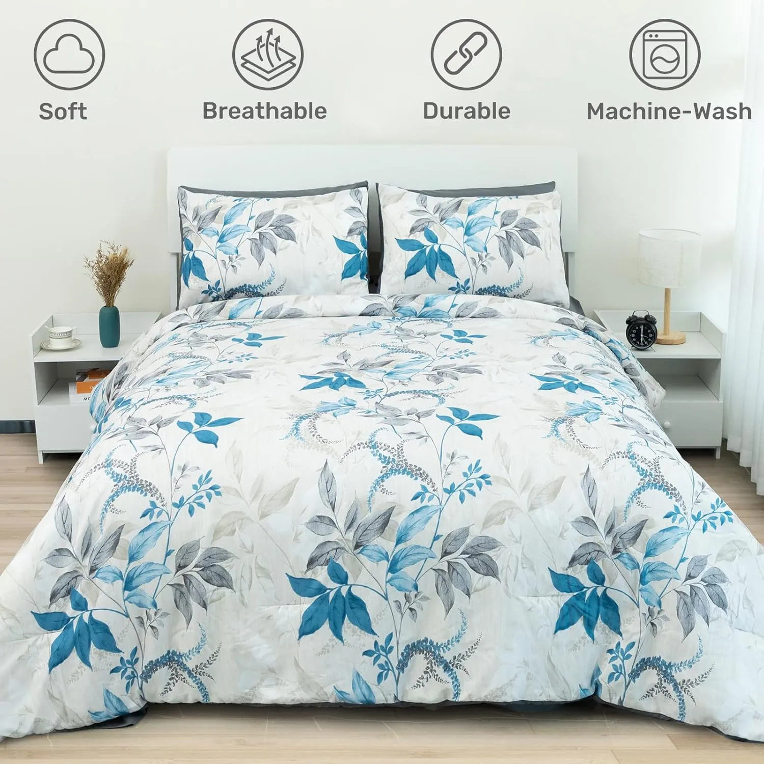 ARTALL Twin Comforter Set, 5pcs Bed in a Bag Comforter Twin Size, Botanical Floral Print Soft All Season Bedding Set Twin with Comforter, Sheet Set, Fitted Set, Pillowcases & Shams, Grey and Teal