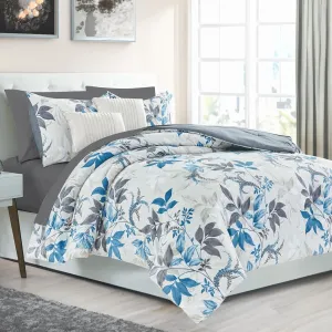 ARTALL Twin Comforter Set, 5pcs Bed in a Bag Comforter Twin Size, Botanical Floral Print Soft All Season Bedding Set Twin with Comforter, Sheet Set, Fitted Set, Pillowcases & Shams, Grey and Teal