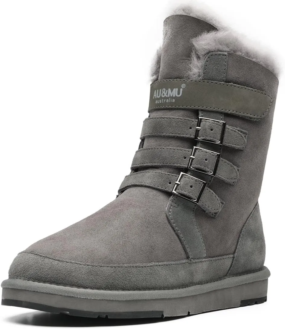 AU&MU Aumu Womens Shearling Leather Sheepskin Classic Lace up Mid Calf Flat Fur Winter Snow Boots…