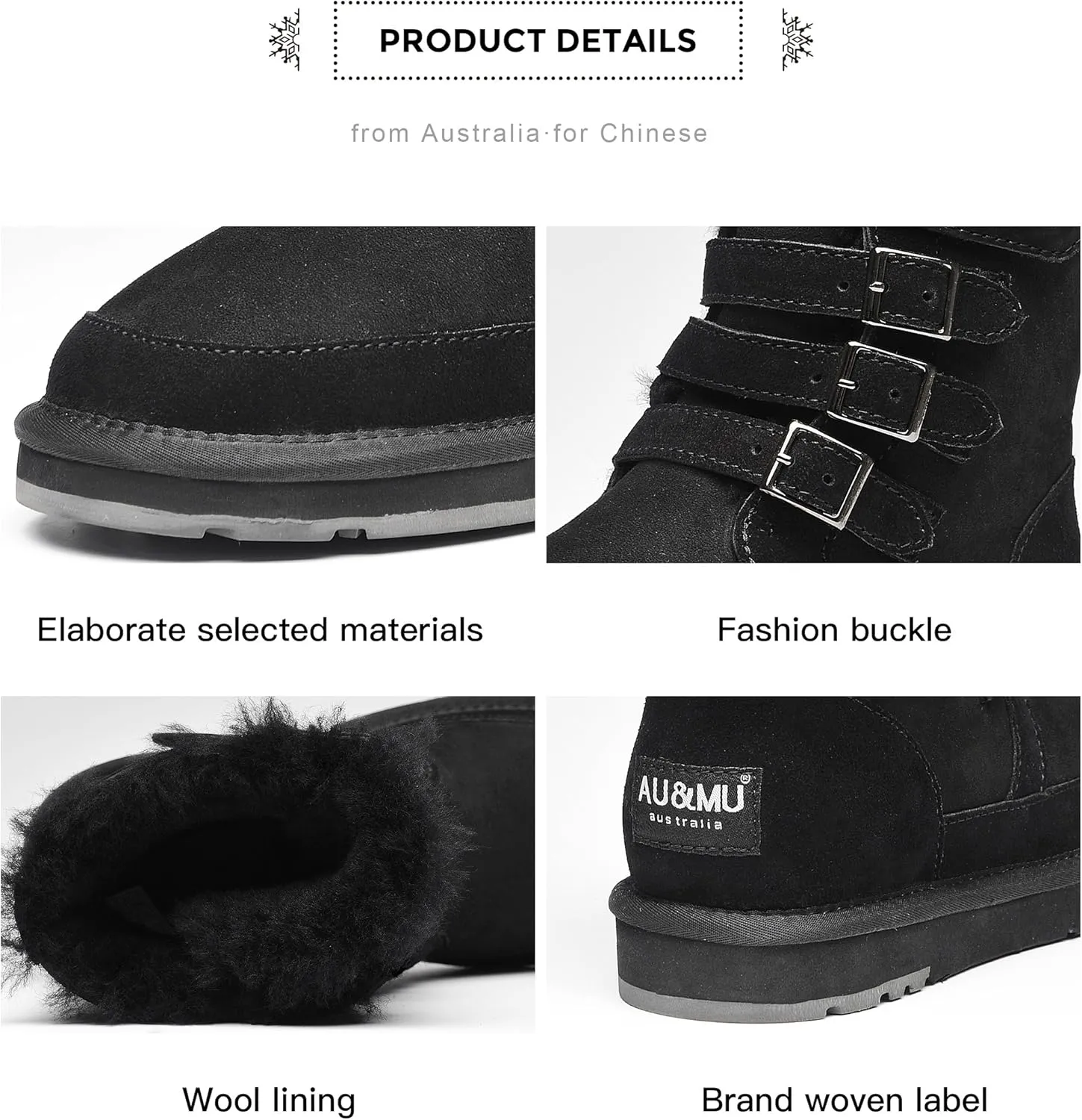 AU&MU Aumu Womens Shearling Leather Sheepskin Classic Lace up Mid Calf Flat Fur Winter Snow Boots…