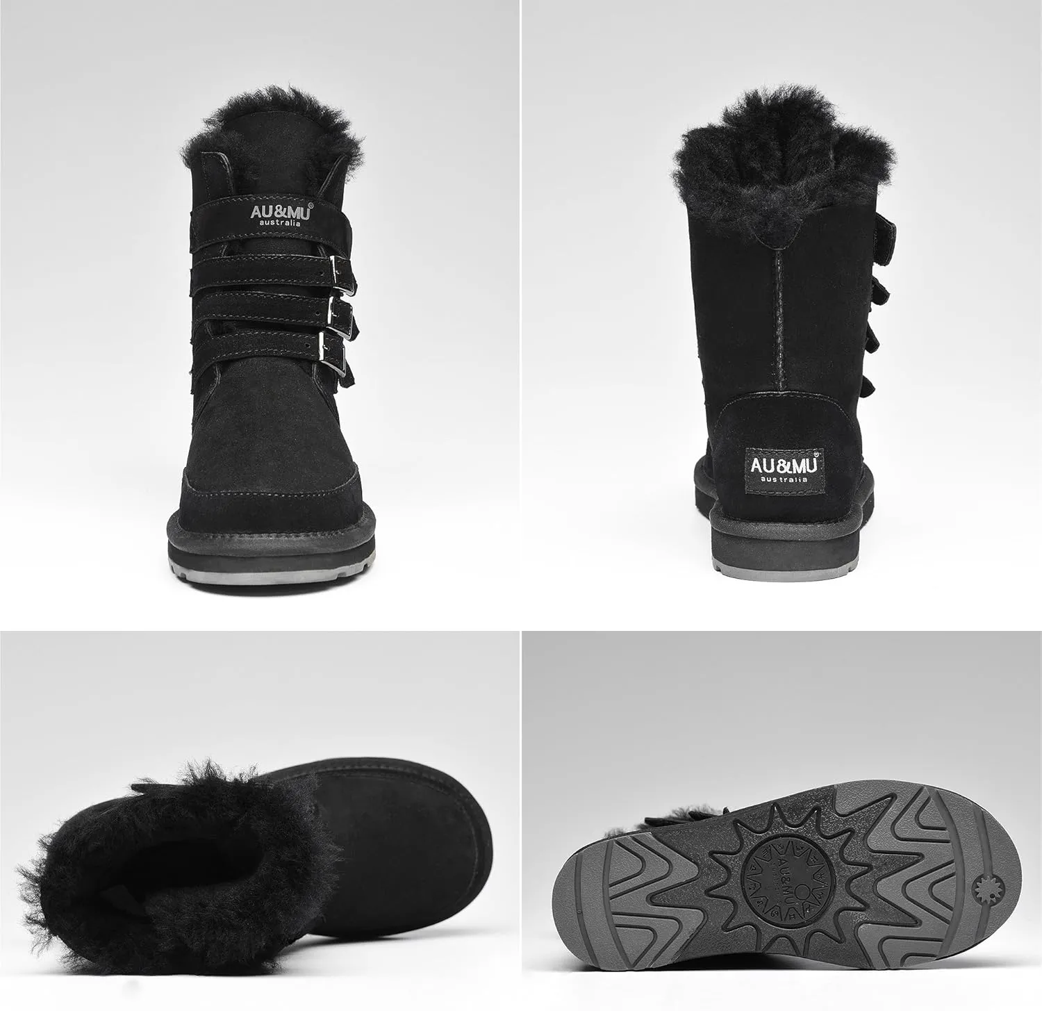 AU&MU Aumu Womens Shearling Leather Sheepskin Classic Lace up Mid Calf Flat Fur Winter Snow Boots…