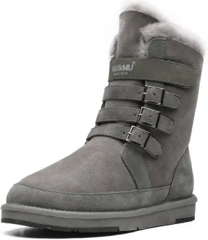 AU&MU Aumu Womens Shearling Leather Sheepskin Classic Lace up Mid Calf Flat Fur Winter Snow Boots…