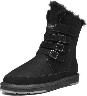 AU&MU Aumu Womens Shearling Leather Sheepskin Classic Lace up Mid Calf Flat Fur Winter Snow Boots…