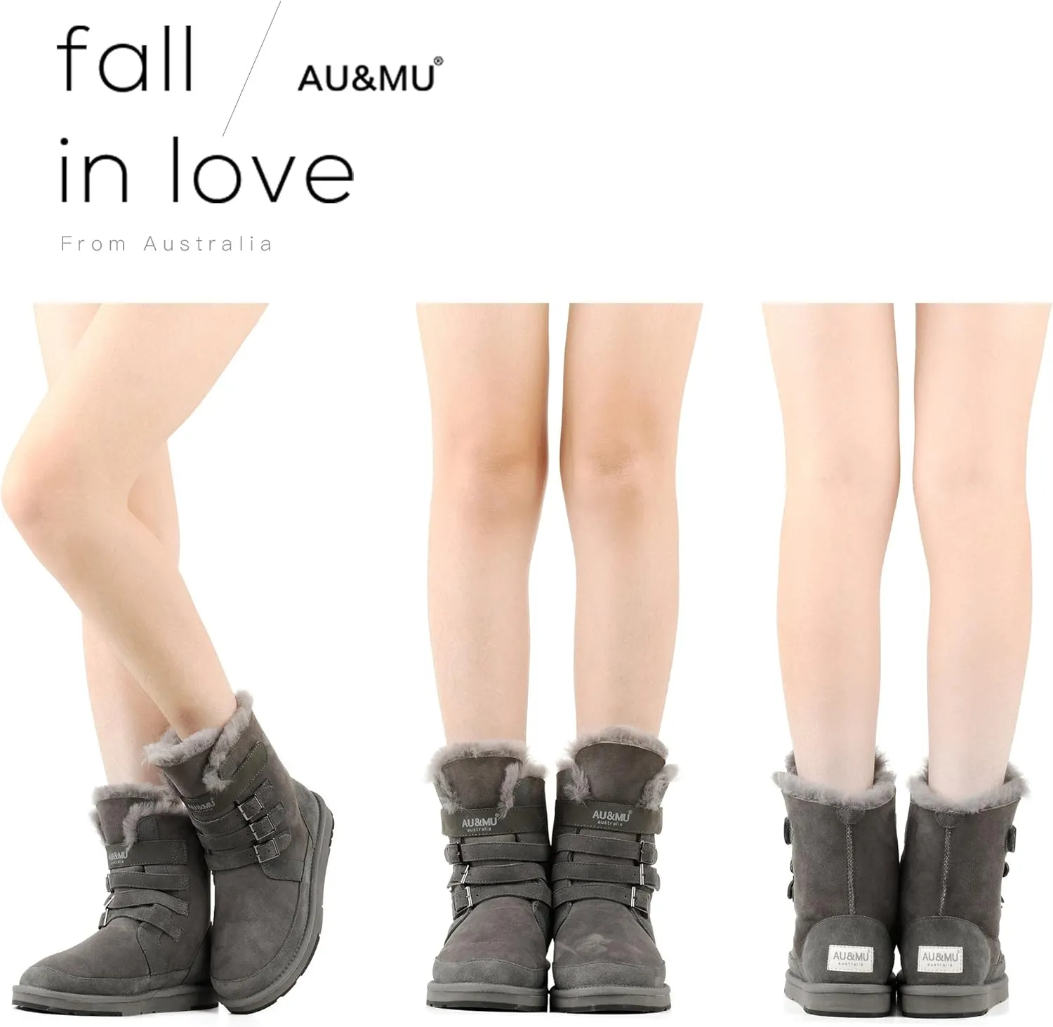AU&MU Aumu Womens Shearling Leather Sheepskin Classic Lace up Mid Calf Flat Fur Winter Snow Boots…