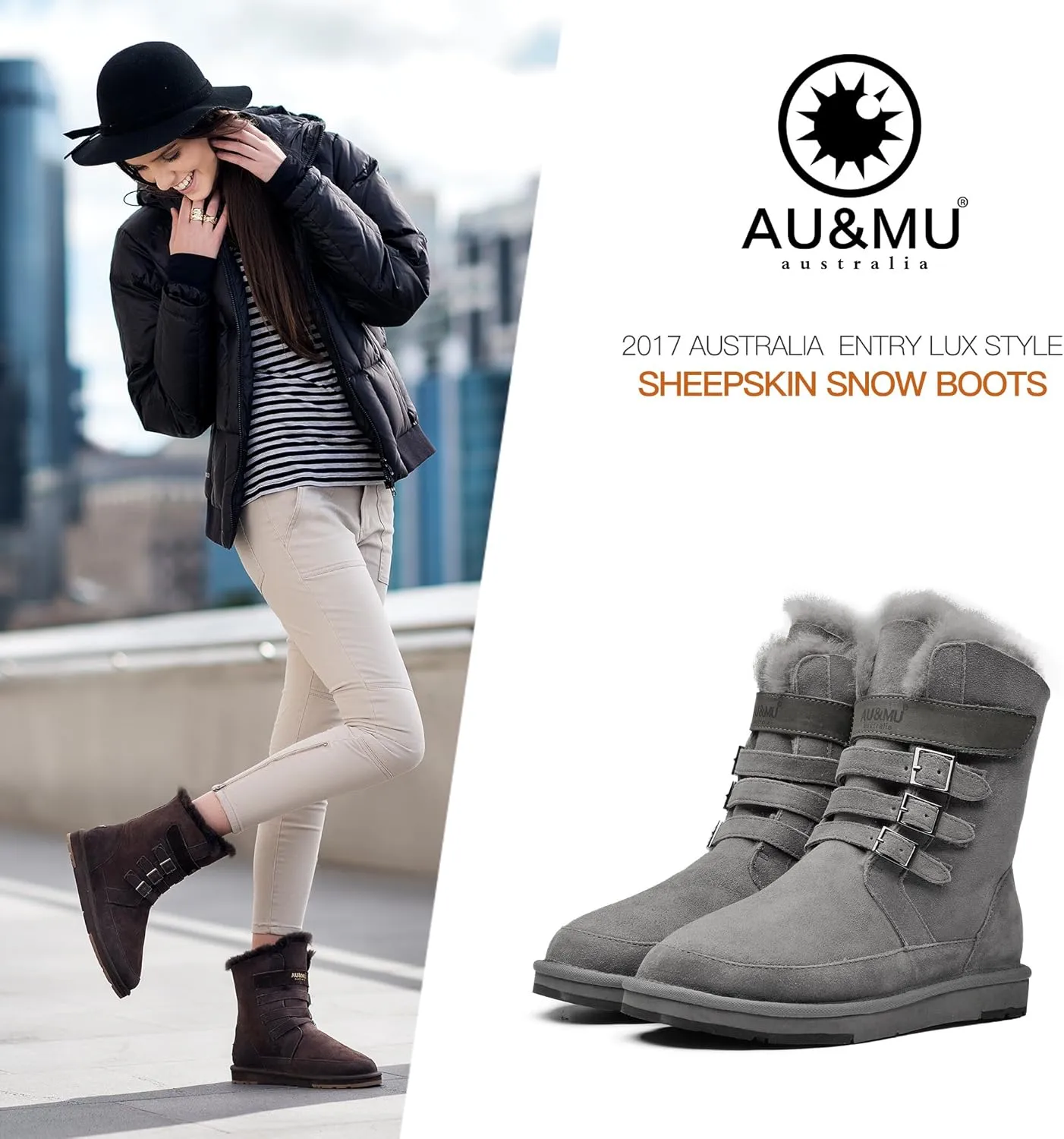 AU&MU Aumu Womens Shearling Leather Sheepskin Classic Lace up Mid Calf Flat Fur Winter Snow Boots…