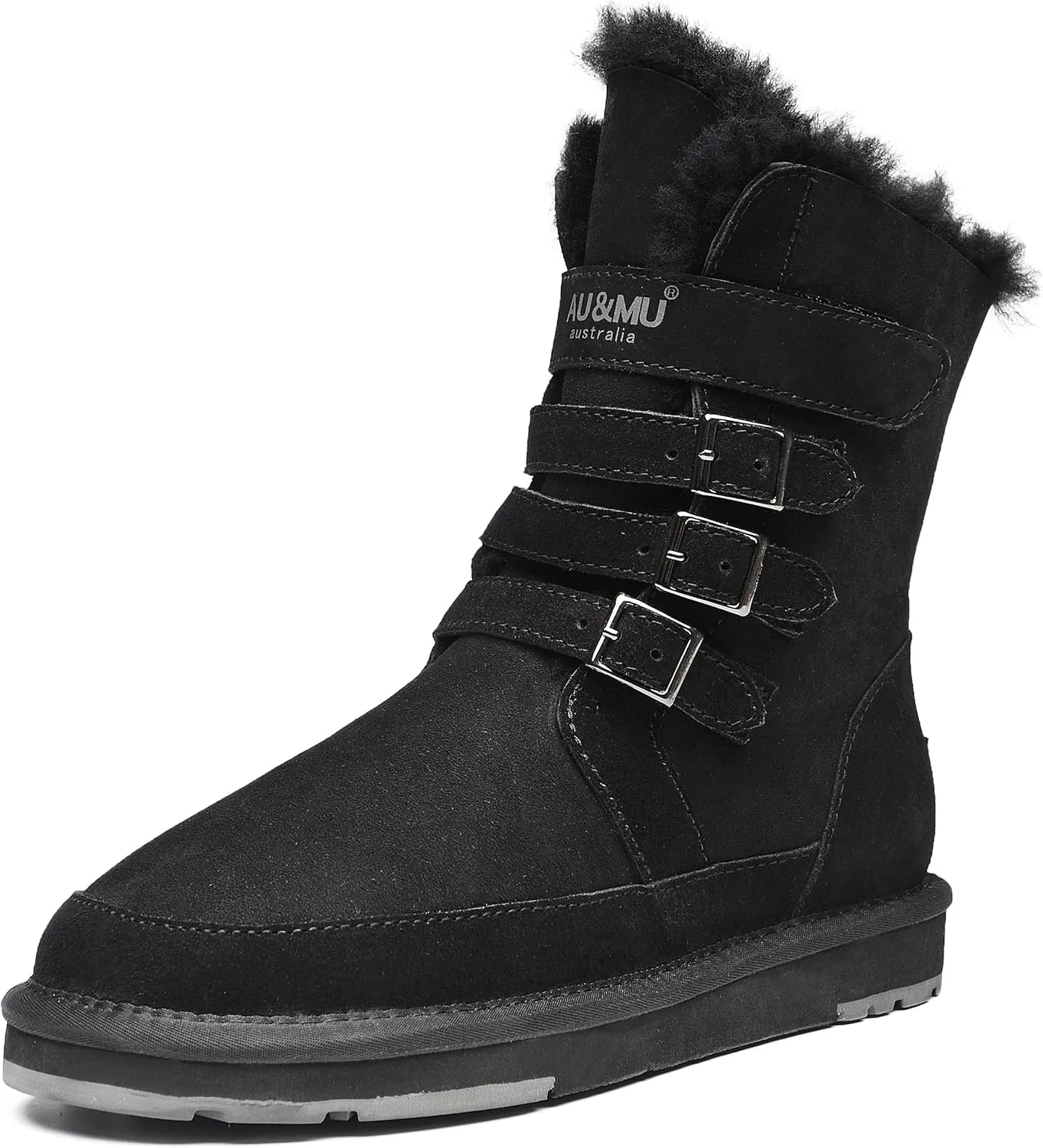 AU&MU Aumu Womens Shearling Leather Sheepskin Classic Lace up Mid Calf Flat Fur Winter Snow Boots…