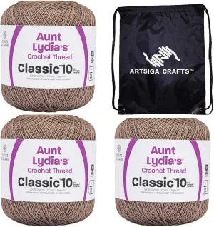 Aunt Lydia's Classic Crochet Thread Size 10 Taupe Clair 154-8550 (3-Skeins) Same Dye Lot Size 10 Soft 100% Mercerized Cotton with Project Bag