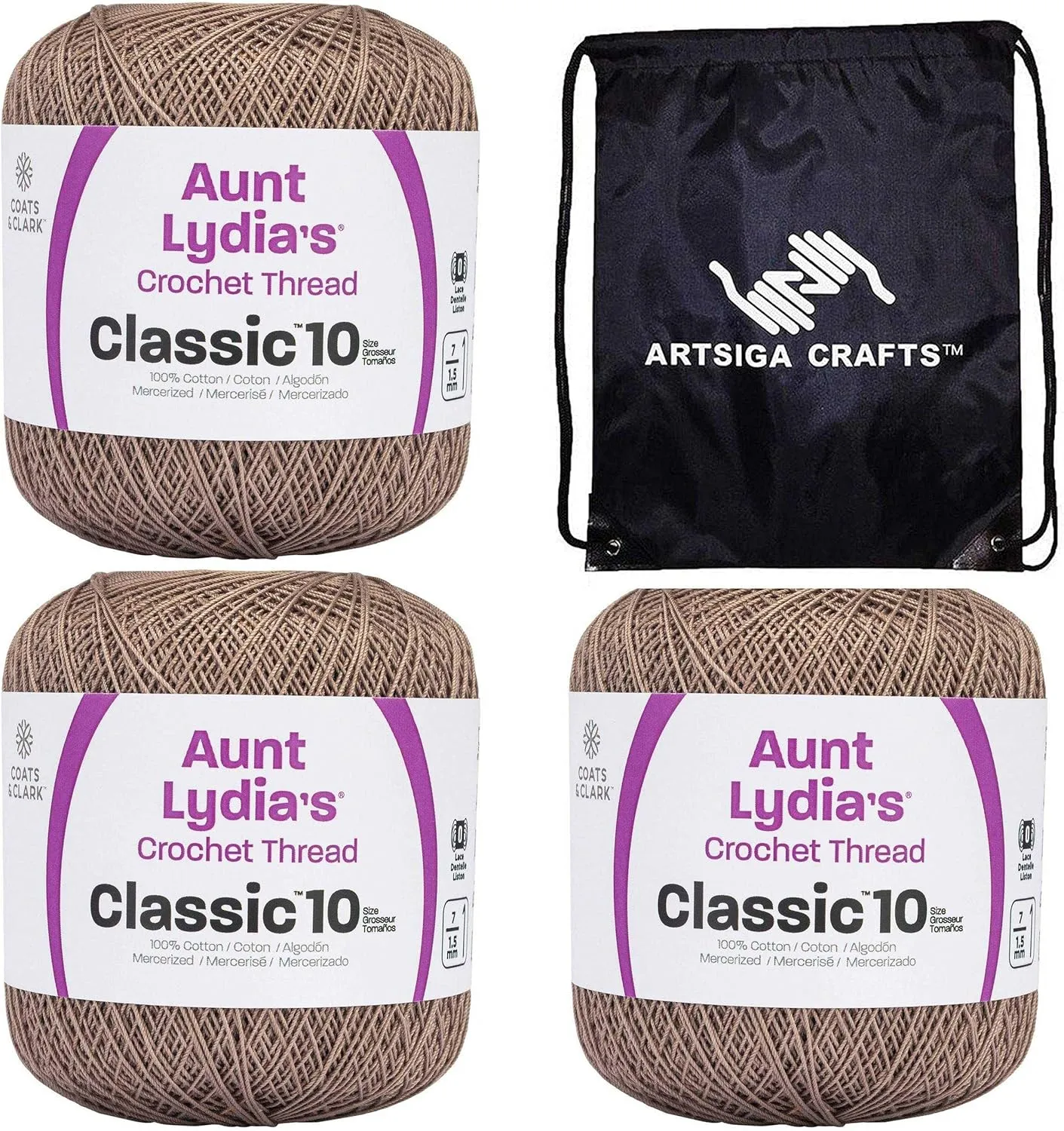 Aunt Lydia's Classic Crochet Thread Size 10 Taupe Clair 154-8550 (3-Skeins) Same Dye Lot Size 10 Soft 100% Mercerized Cotton with Project Bag