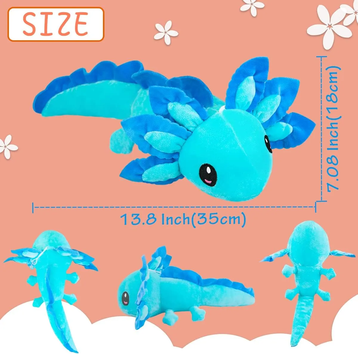 Axolotl Plush Toy,14" Axolotl Stuffed Animal,Salamander Axolotl Plush Doll Gifts for Boys Girls Birthday Christmas, New Year (Blue Black)