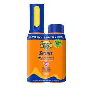 Banana Boat Sport 360 Body Sunscreen SPF 50 Spray Bundle: Non-Aerosol, 360 Coverage Mist, 5.5oz Refillable Bottle & Refill Pack