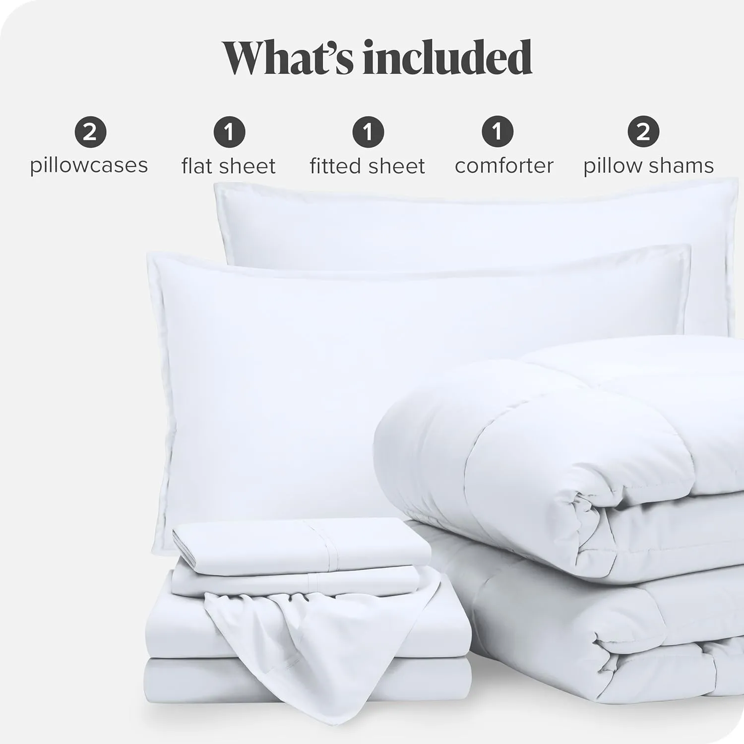 Bare Home Bed-in-A-Bag 7 Piece Comforter & Sheet Set - Queen - Goose Down Alternative - Ultra-Soft 1800 Premium - Bedding Set (Queen, White/White)