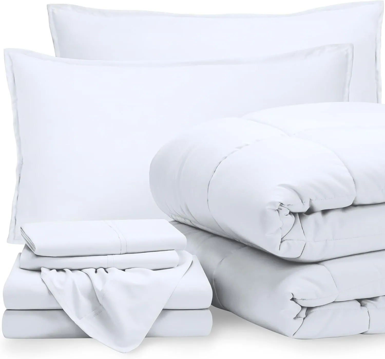 Bare Home Bed-in-A-Bag 7 Piece Comforter & Sheet Set - Queen - Goose Down Alternative - Ultra-Soft 1800 Premium - Bedding Set (Queen, White/White)