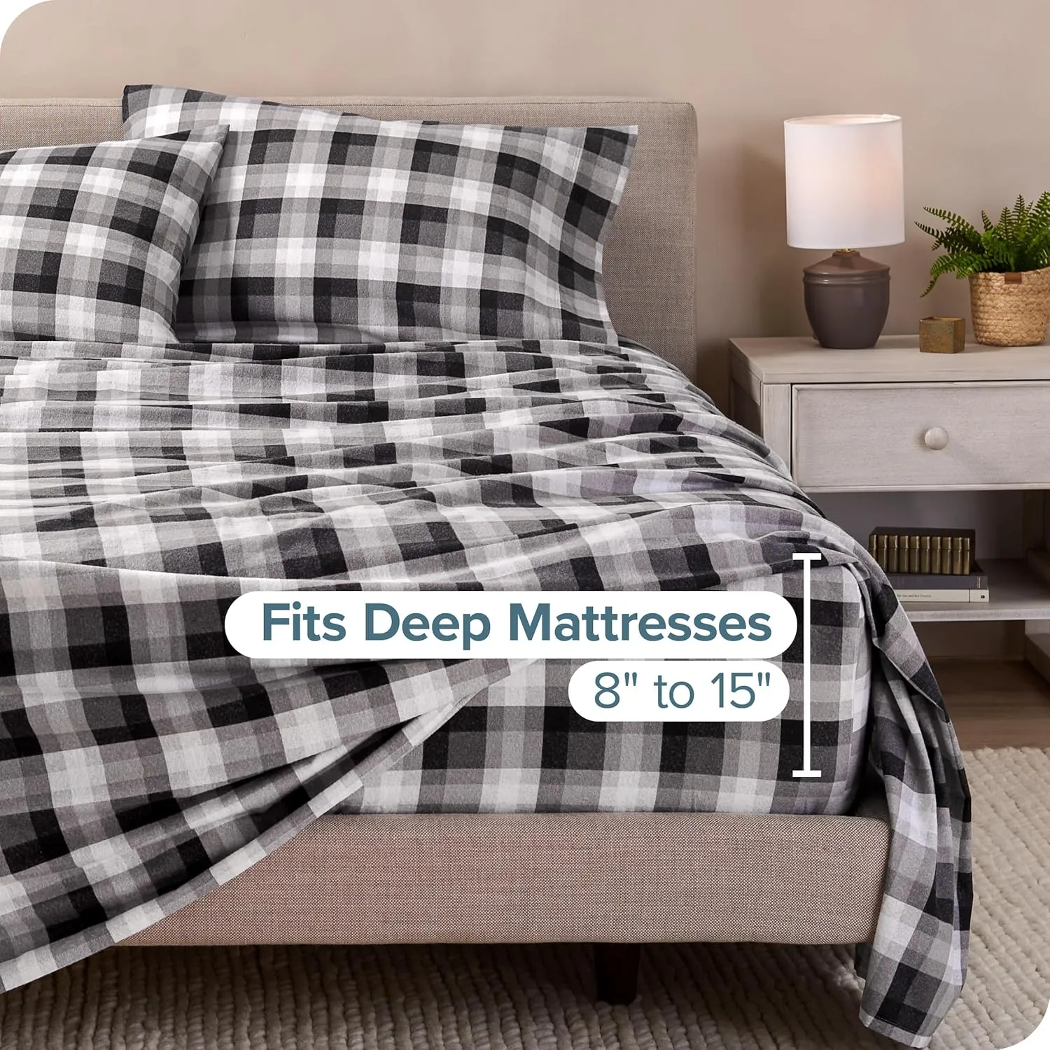 Bare Home Flannel Sheet Set Prints, 100% Cotton, Velvety Soft Heavyweight - Double Brushed for Softness & Comfort - Deep Pocket - Bed Sheets (Queen, Oliver Plaid - Grey)
