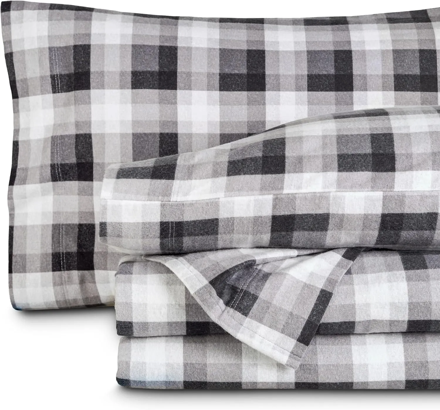 Bare Home Flannel Sheet Set Prints, 100% Cotton, Velvety Soft Heavyweight - Double Brushed for Softness & Comfort - Deep Pocket - Bed Sheets (Queen, Oliver Plaid - Grey)